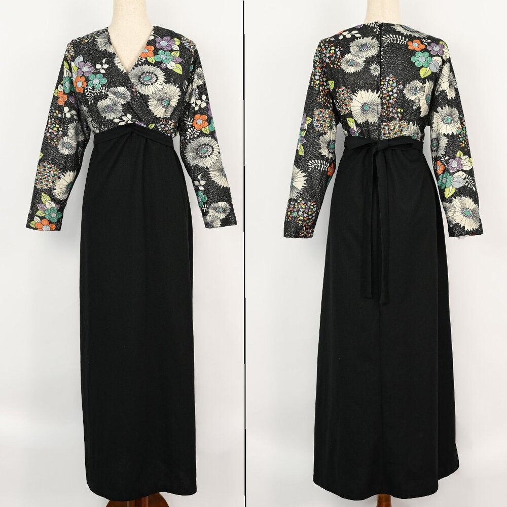 Vintage 70s Black Floral Polyester Long Sleeve Maxi Dress